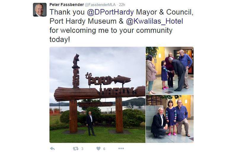 Honourable Peter Fassbender tweeted thanks for his visit to Kwa’lilas Hotel.
