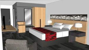 Kwa’lilas Hotel guest room with a king bed designed by Inside Design Studio.